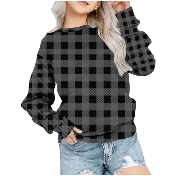 FAIWAD Kids Girls Sweatshirt Long Sleeve Round Neck Pullover Sweatshirt Plaid Print Casual Loose Track Tops