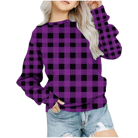 FAIWAD Kids Girls Sweatshirt Long Sleeve Round Neck Pullover Sweatshirt Plaid Print Casual Loose Track Tops