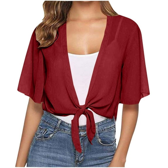 FAIWAD Lightweight Cardigans for Women Short Sleeve Chiffon Open Front Cardigan Summer Cropped Cardigan