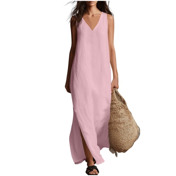 FAIWAD Linen Dress Women V Neck Sleeveless Side Slit Maxi Dresses Loose Casual Flowy Boho Sundress