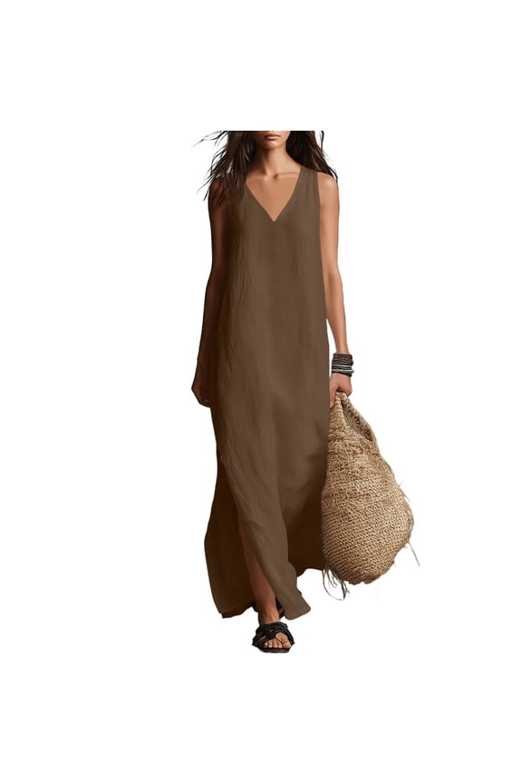 Linen Dress Women V Neck Sleeveless Side Slit Maxi Dresses Loose Casual Flowy Boho Sundress