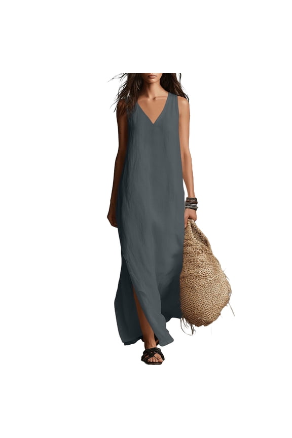 Linen Dress Women V Neck Sleeveless Side Slit Maxi Dresses Loose Casual Flowy Boho Sundress