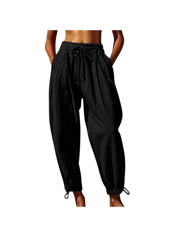 Linen Pants Women Drawstring Elastic Waist Cinch Hem Pants Trendy Baggy Beach Boho Joggers with Pockets