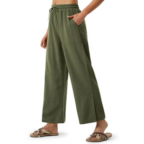 FAIWAD Linen Pants Women Elastic Waist Wide Leg Casual Loose Trouser with Pockets Boho Athletic Workout Joggers
