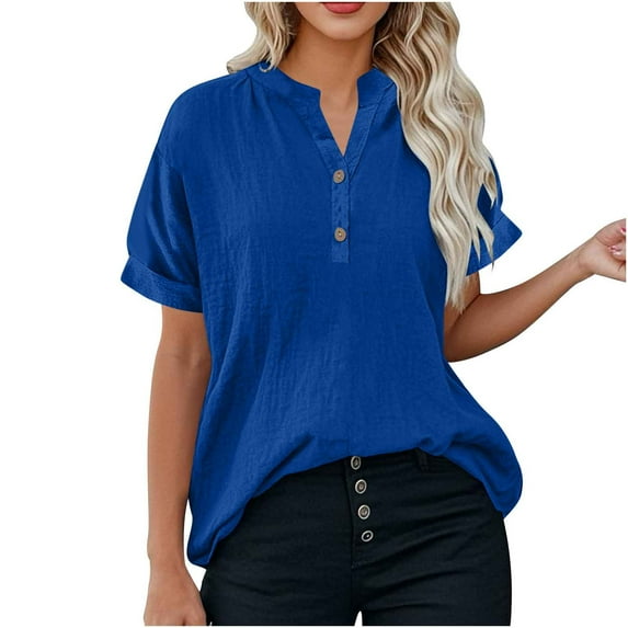 FAIWAD Linen Shirts for Women Button Up V Neck Loose Summer Short Sleeve Tops Dressy Casual Oversized Blouses