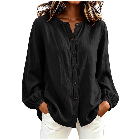 FAIWAD Linen Shirts for Women Elastic Cuffs Long Sleeve Button Up Blouse Casual Work Daily Tops