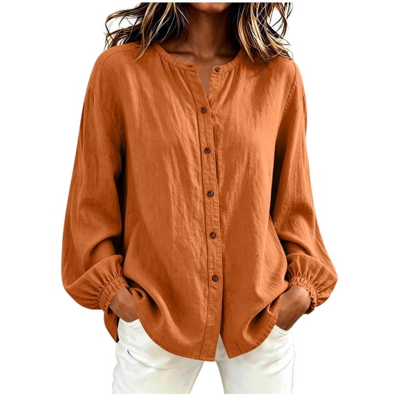 FAIWAD Linen Shirts for Women Elastic Cuffs Long Sleeve Button Up Blouse Casual Work Daily Tops