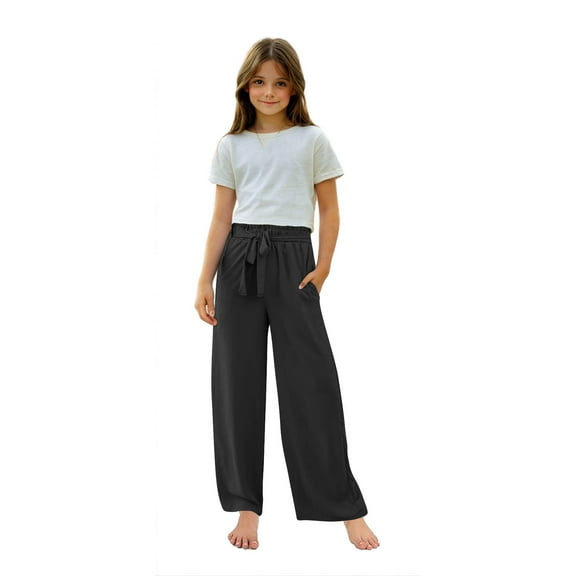 FAIWAD Linen Wide Leg Pants for Girls Kids Casual Elastic Smocked Waist Beach Pants Loose Flowy Long Trousers with Pockets