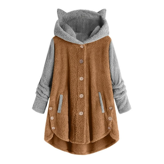 FAIWAD Long Sleeve Color Block Button Down Fleece Hooded Coats Plus Size Soft Comfy Fleece Top Coat