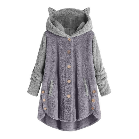 FAIWAD Long Sleeve Color Block Button Down Fleece Hooded Coats Plus Size Soft Comfy Fleece Top Coat