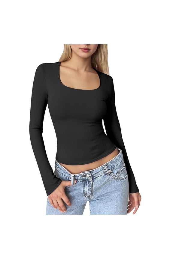 Long Sleeve Crop Tops for Women Long Sleeve Square Neck Stretch Slim Shirts Going Out Basic Tees