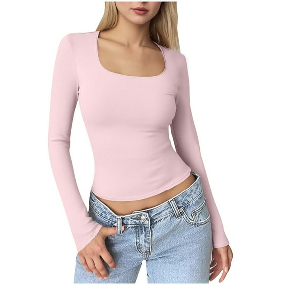 FAIWAD Long Sleeve Crop Tops for Women Long Sleeve Square Neck Stretch Slim Shirts Going Out Basic Tees