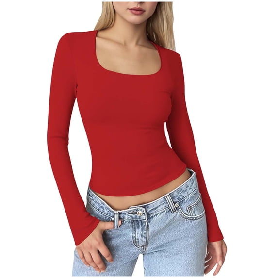 FAIWAD Long Sleeve Crop Tops for Women Long Sleeve Square Neck Stretch Slim Shirts Going Out Basic Tees