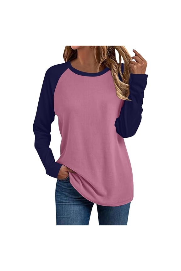 Long Sleeve Shirts for Women Color Block Raglan Sleeve Tops Casual Crewneck Basic Clothes