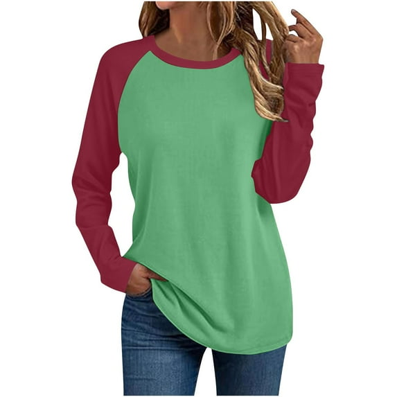 FAIWAD Long Sleeve Shirts for Women Color Block Raglan Sleeve Tops Casual Crewneck Basic Clothes