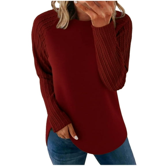 FAIWAD Long Sleeve Shirts for Women Trendy Patchwork Crew Neck Tunic Tops Loose Casual Work Blouses