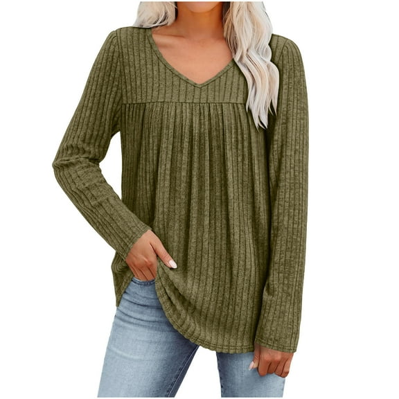 FAIWAD Long Sleeve Shirts for Women V Neck Pleated Casual Tunic Top Trendy Lightweight Knit Sweaters