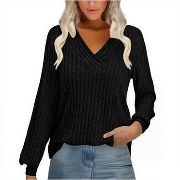 FAIWAD Long Sleeve Shirts for Women V Neck Ribbed Knitted Tunic Tops Business Casual Loose Fall Winter Sweaters