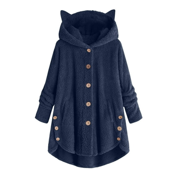 FAIWAD Long Sleeve Solid Color Button Down Fleece Hooded Coats Plus Size Soft Comfy Fleece Top Coat