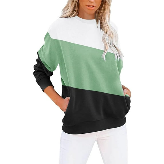 FAIWAD Long Sleeve Sweatshirts for Women Color Block Round Neck Pullover Tops with Pockets (Medium, Mint Green)