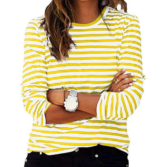 FAIWAD Long Sleeve Tops for Women Stripe Print Round Neck Pullover T-Shirts Basic Casual Lightweight Trendy Blouse