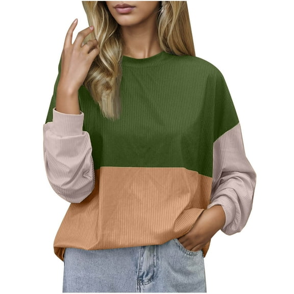 FAIWAD Long Sleeve Tops for Women Casual Loose Color Block Ribbed Knit Crewneck Pullover Trendy Work Clothes