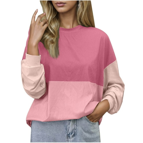 FAIWAD Long Sleeve Tops for Women Casual Loose Color Block Ribbed Knit Crewneck Pullover Trendy Work Clothes