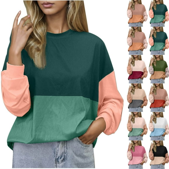 FAIWAD Long Sleeve Tops for Women Casual Loose Color Block Ribbed Knit Crewneck Pullover Trendy Work Clothes