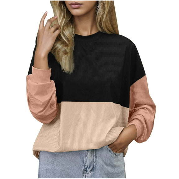 FAIWAD Long Sleeve Tops for Women Casual Loose Color Block Ribbed Knit Crewneck Pullover Trendy Work Clothes