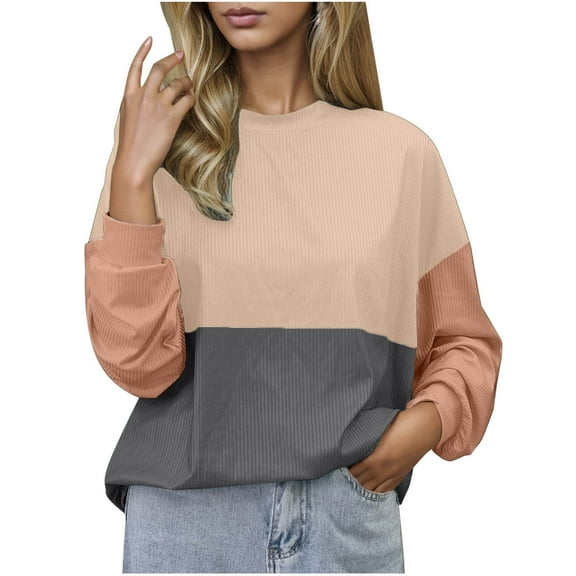 FAIWAD Long Sleeve Tops for Women Casual Loose Color Block Ribbed Knit Crewneck Pullover Trendy Work Clothes