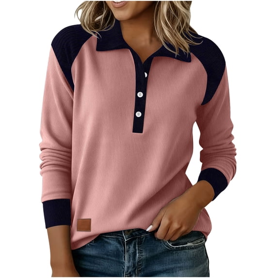 FAIWAD Long Sleeve Tops for Women Corduroy Color Block Button Front Pullover Trendy Casual Lapel Blouse