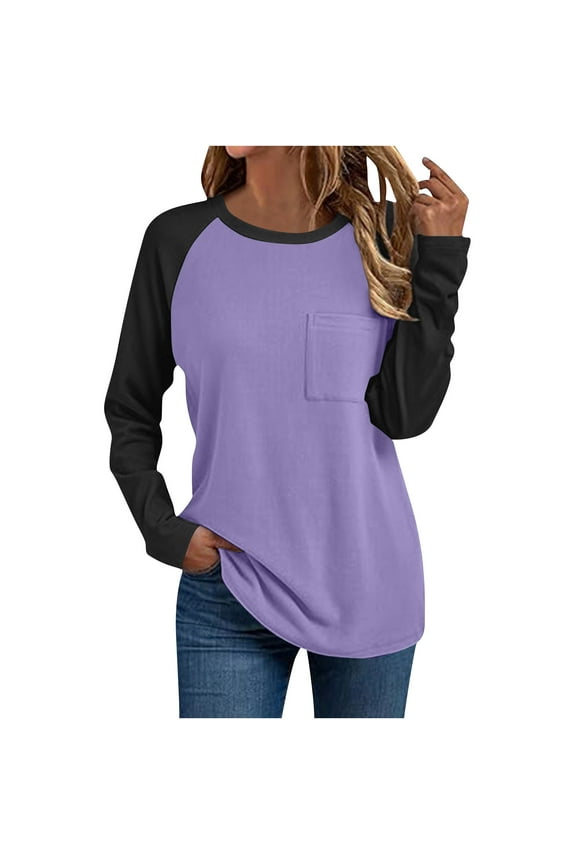 Long Sleeve Tops for Women Crew Neck Color Block Raglan Sleeve T-Shirts Casual Loose Classic Blouses