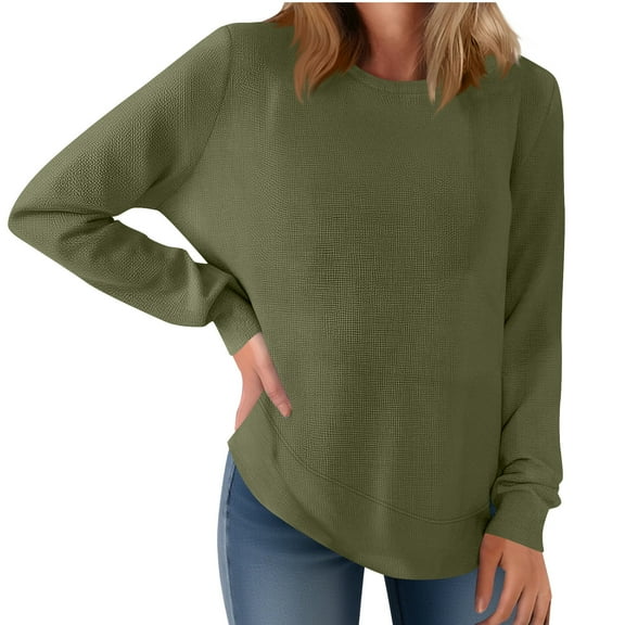 FAIWAD Long Sleeve Tops for Women Crew Neck Loose Knit Pullover Sweater Casual Comfy Basic Curve Hem Clothes