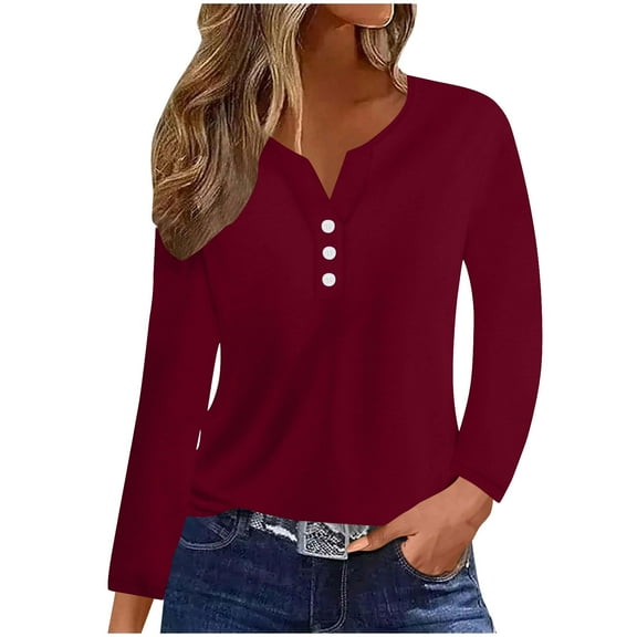 FAIWAD Long Sleeve Tops for Women Going Out Loose V-Neck Button Up Pullovers Dressy Casual Solid Color Shirts