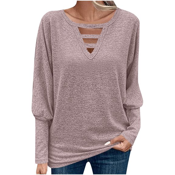 FAIWAD Long Sleeve Tops for Women Loose Cutout V Neck Going Out Tshirts Trendy Casual Fall Winter Blouse, S-3XL