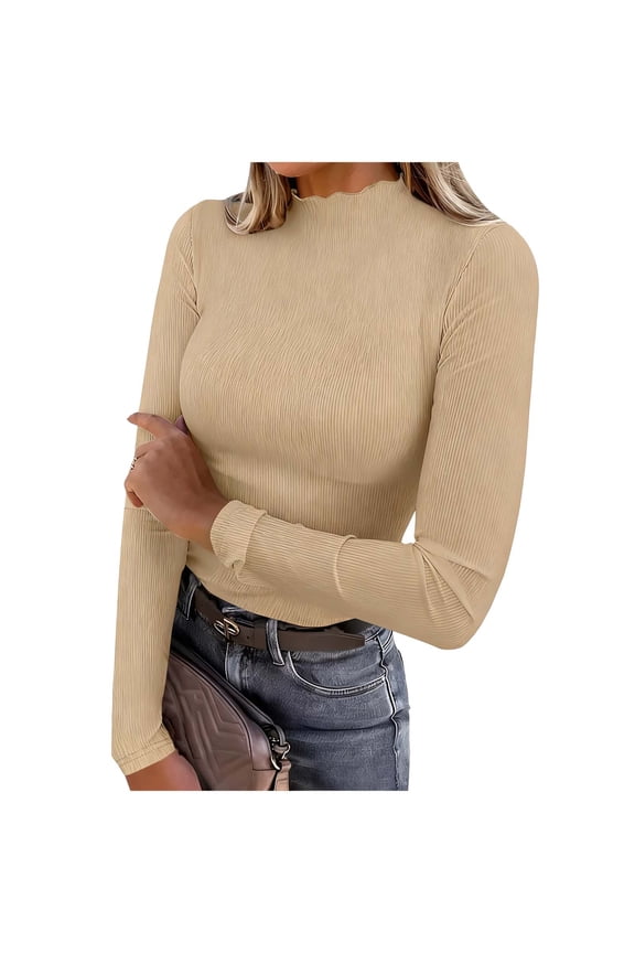 Long Sleeve Tops for Women Mock Neck Slim Fitted Ribbed Knit Basic Shirts Base Layer Tee Going Out Clothes
