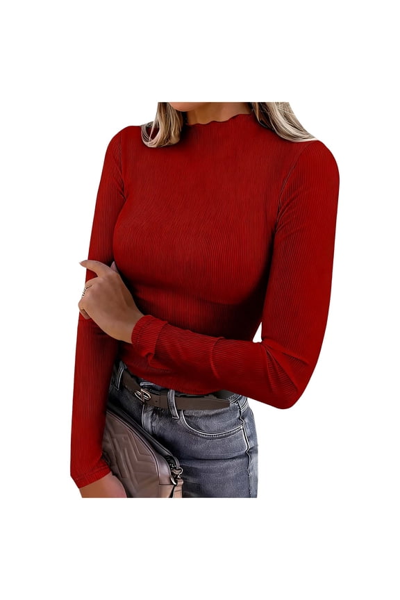 Long Sleeve Tops for Women Mock Neck Slim Fitted Ribbed Knit Basic Shirts Base Layer Tee Going Out Clothes