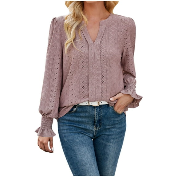FAIWAD Long Sleeve Tops for Women V Neck Hollow Out Loose T-Shirt Casual Work Office Tops Spring Trendy