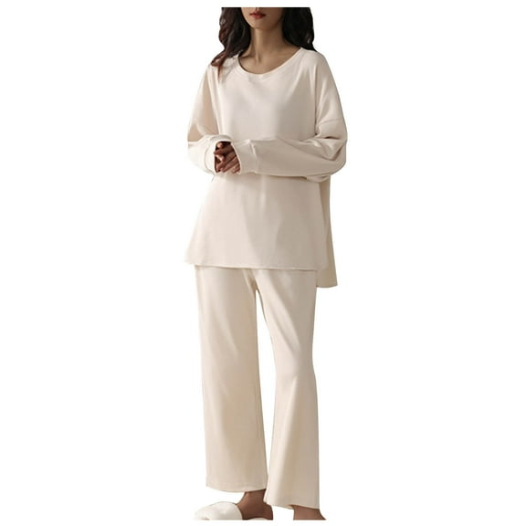 FAIWAD 2 Piece Pajamas Set for Women Long Sleeved Crewneck Tops and Wide Leg Pants Comfy Loungewear Home Set