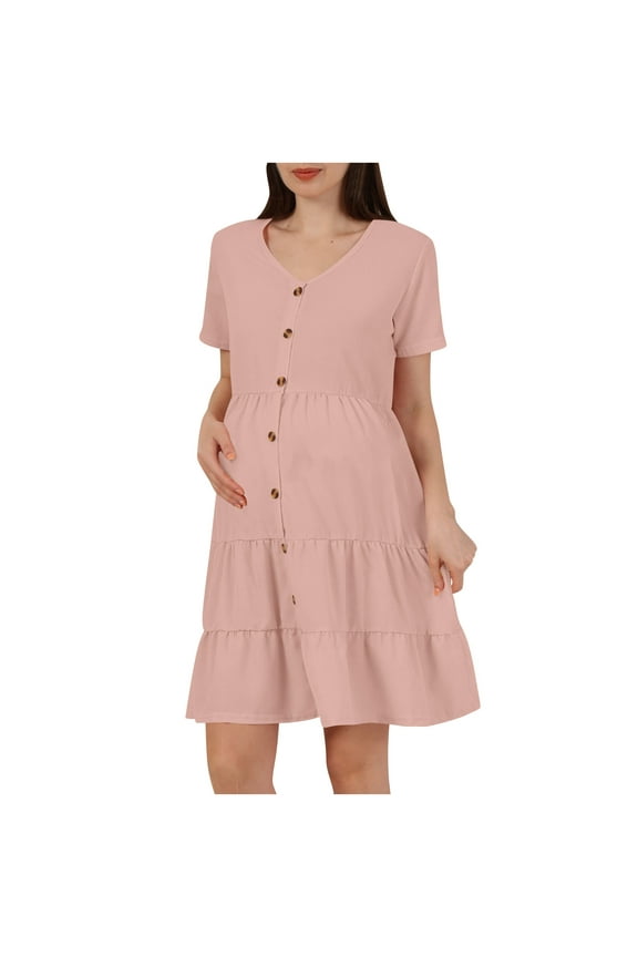 Maternity Tiered Dresses Short Sleeve V-Neck Casual Loose Button Down Ruffle Dresses Pregnancy Clothes