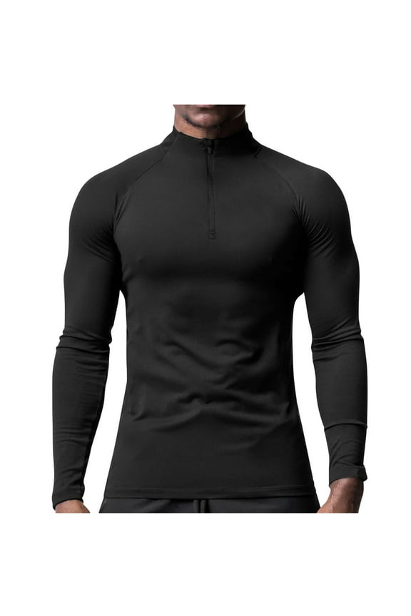 Men Quarter Zip Tight Tops Long Sleeve Athletic Workout Sprots Shirts Slim Stretch Pullover Tops