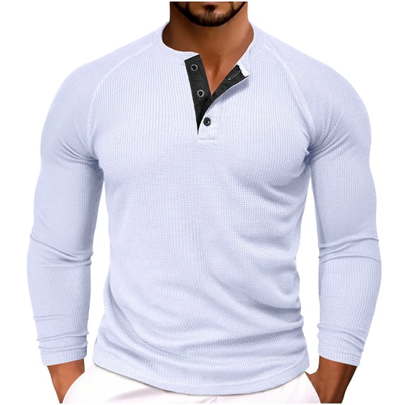 FAIWAD Men Solid Color Long Sleeve Shirts Slim Stretch Button Crew Neck T-Shirt Sports Workout Lightweight Tops