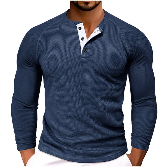 FAIWAD Men Solid Color Long Sleeve Shirts Slim Stretch Button Crew Neck T-Shirt Sports Workout Lightweight Tops