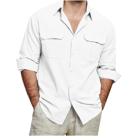 FAIWAD Men's Casual Button Down Shirt Long Sleeve Solid Color Dress Shirt Breathable Comfy Beach Daily Wedding Tops