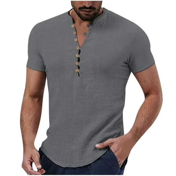 FAIWAD Men's Cotton Linen Tops Casual Short Sleeve Button Up Pullover Tops Slim Lightweight Tee Blouse