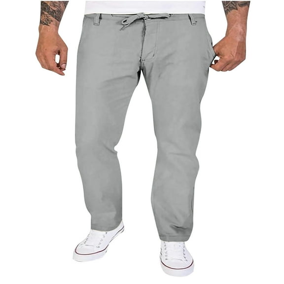 FAIWAD Men's Linen Pants Elastic Waist Drawstring Casual Trouser Loose Lightweight Straight Legs Pants