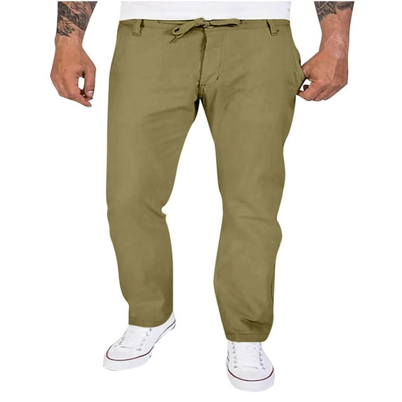 FAIWAD Men's Linen Pants Elastic Waist Drawstring Casual Trouser Loose Lightweight Straight Legs Pants