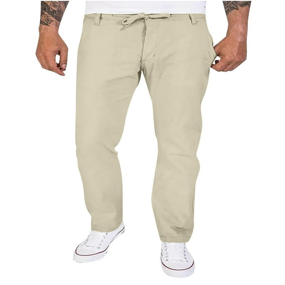 FAIWAD Men's Linen Pants Elastic Waist Drawstring Casual Trouser Loose Lightweight Straight Legs Pants