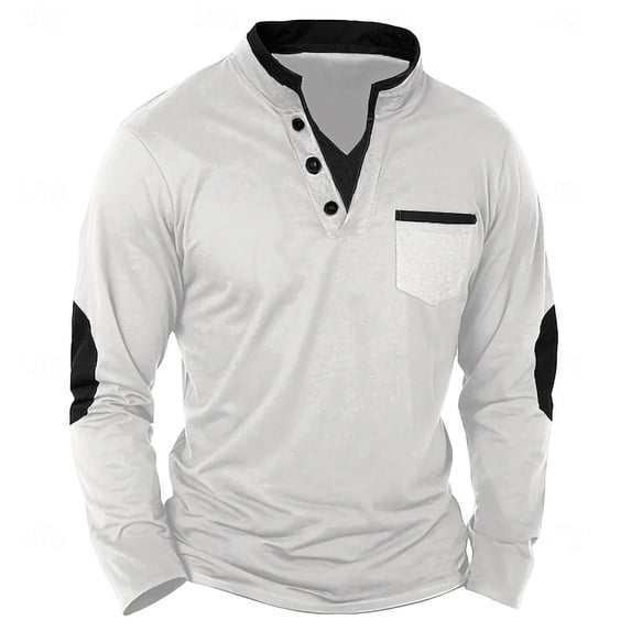 FAIWAD Men's Long Sleeve Shirts Classic Button Golf Collar Tshirt Casual Trendy Patchwork Business Tops with Pockets