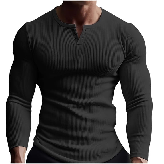FAIWAD Men's Long Sleeve Shirts Round Neck Stretch Ribbed Casual Basic Tops Slim Lightweight Tops